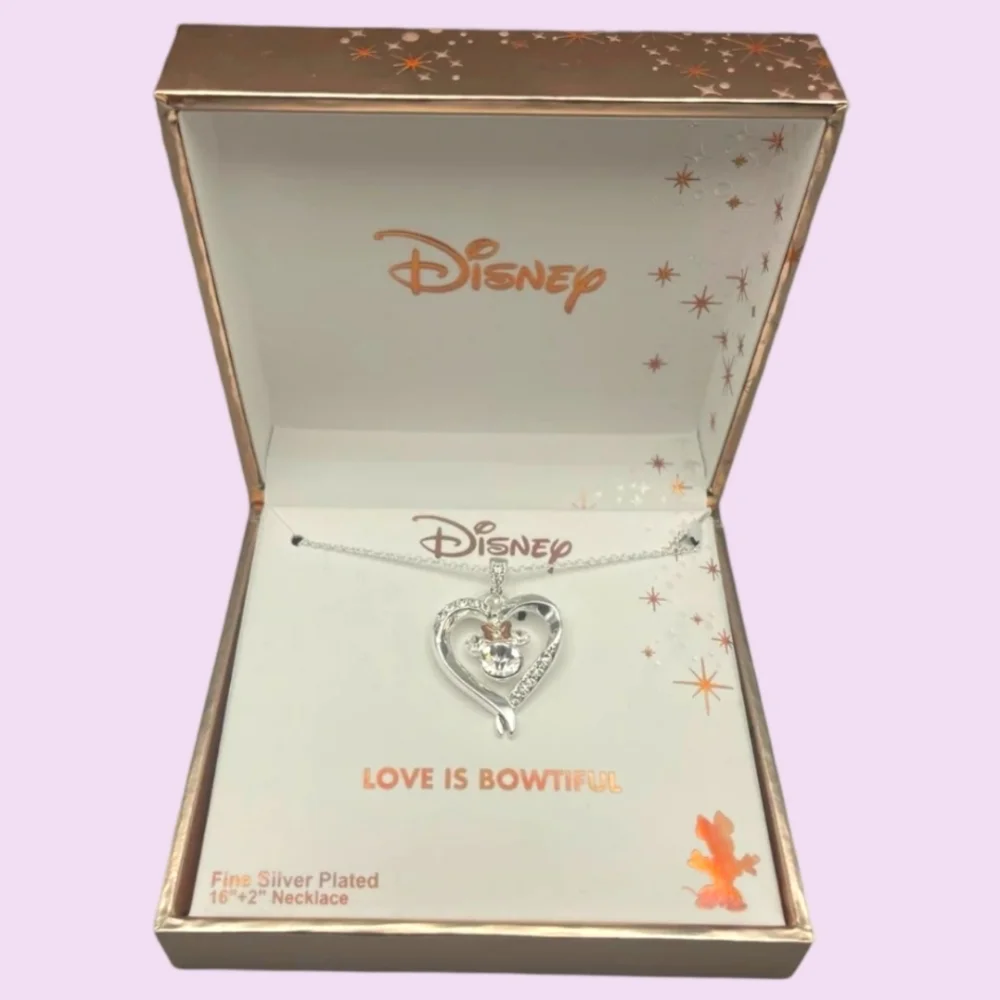 Disney Minnie Mouse Love is Bowtiful Silver Plated Heart Rose Bow Necklace NIB